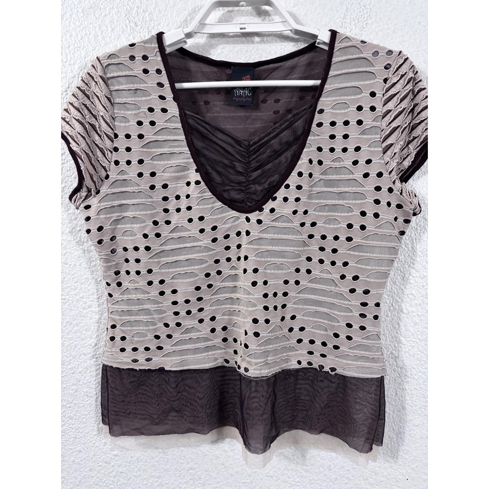 ANAC By Kimi Blouse Womens Medium Beige Polka Dot Sheer Mesh Textured Y2K Top